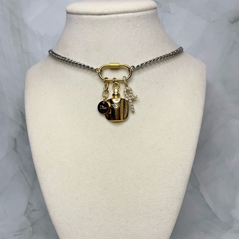 Upcycled Gold Carabiner Charms Mixed Metal Cuban Link Necklace